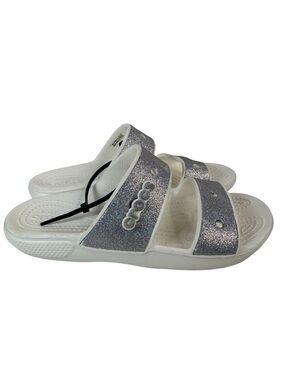 Crocs Classic Glitter II White Silver Comfort Slide Sandals Womens 7 Lightweight